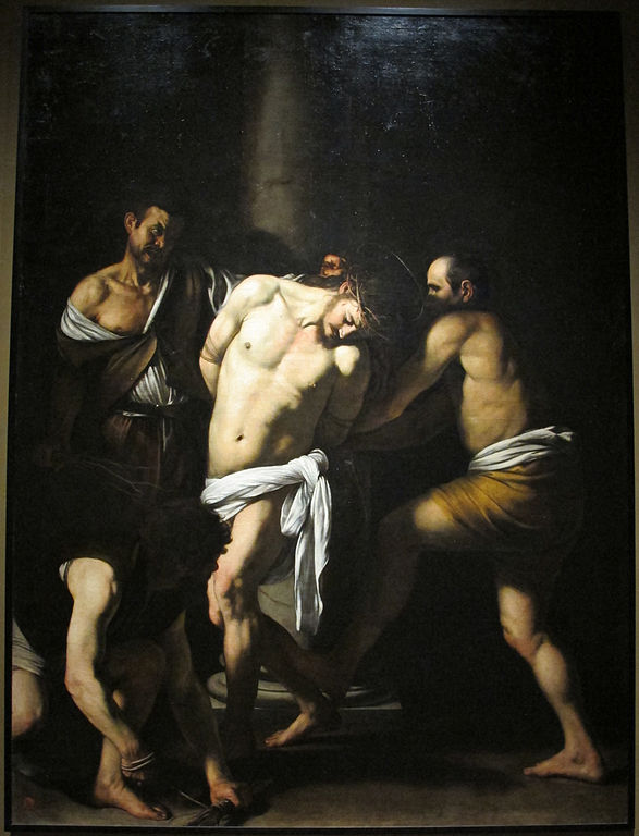 Dipinto di una scena di flagellazione di un uomo legato a una colonna circondato da tre uomini.
